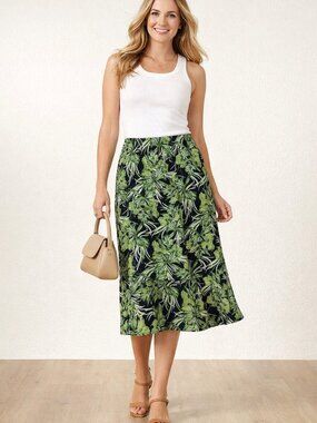 Citiknit Botanical Patterned Stretch Pull On Green/Black Skirt  Size  Large